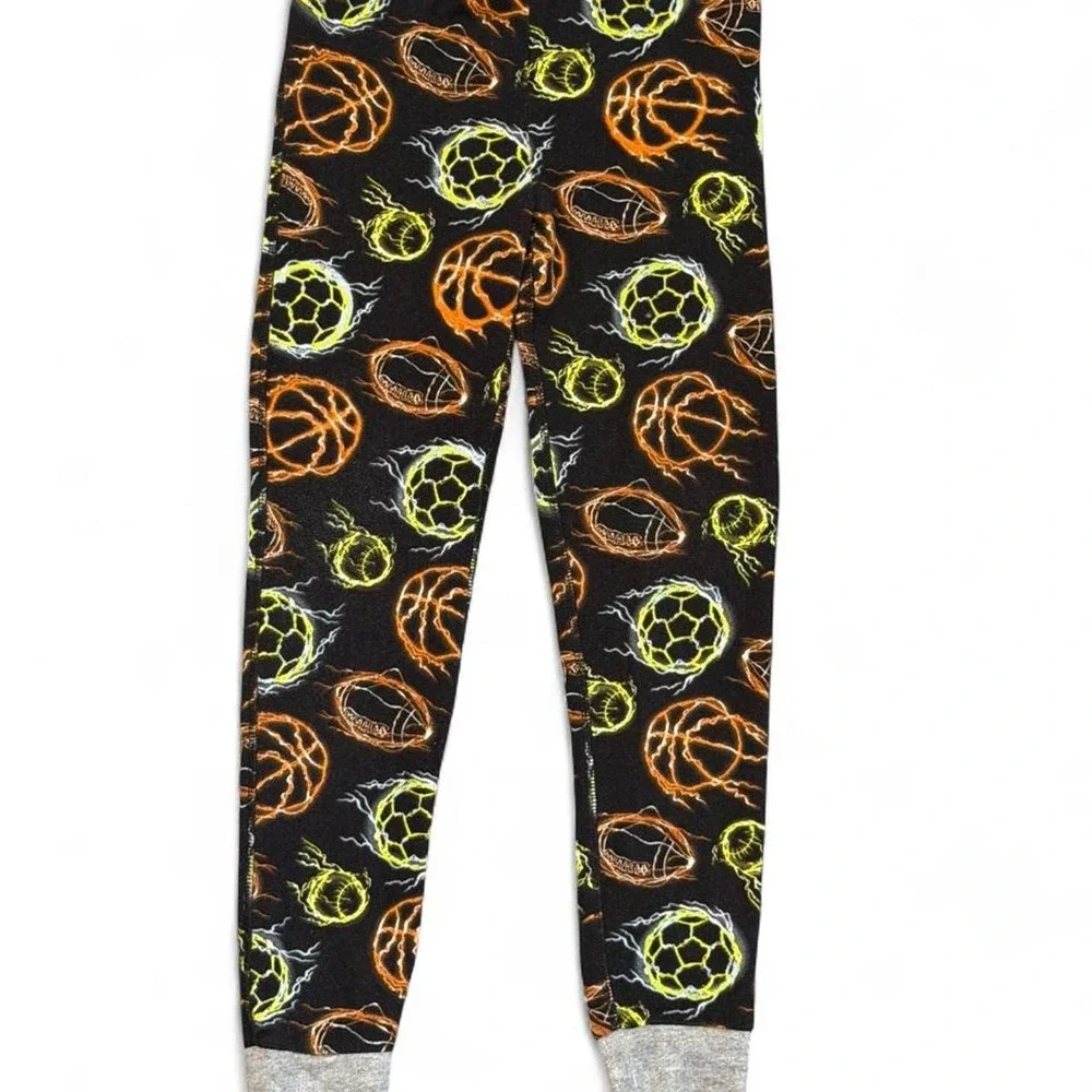 Cuddl Duds Boys Girls Size 8 Pajama Pants Black Flaming Sports Soccer BasketBall